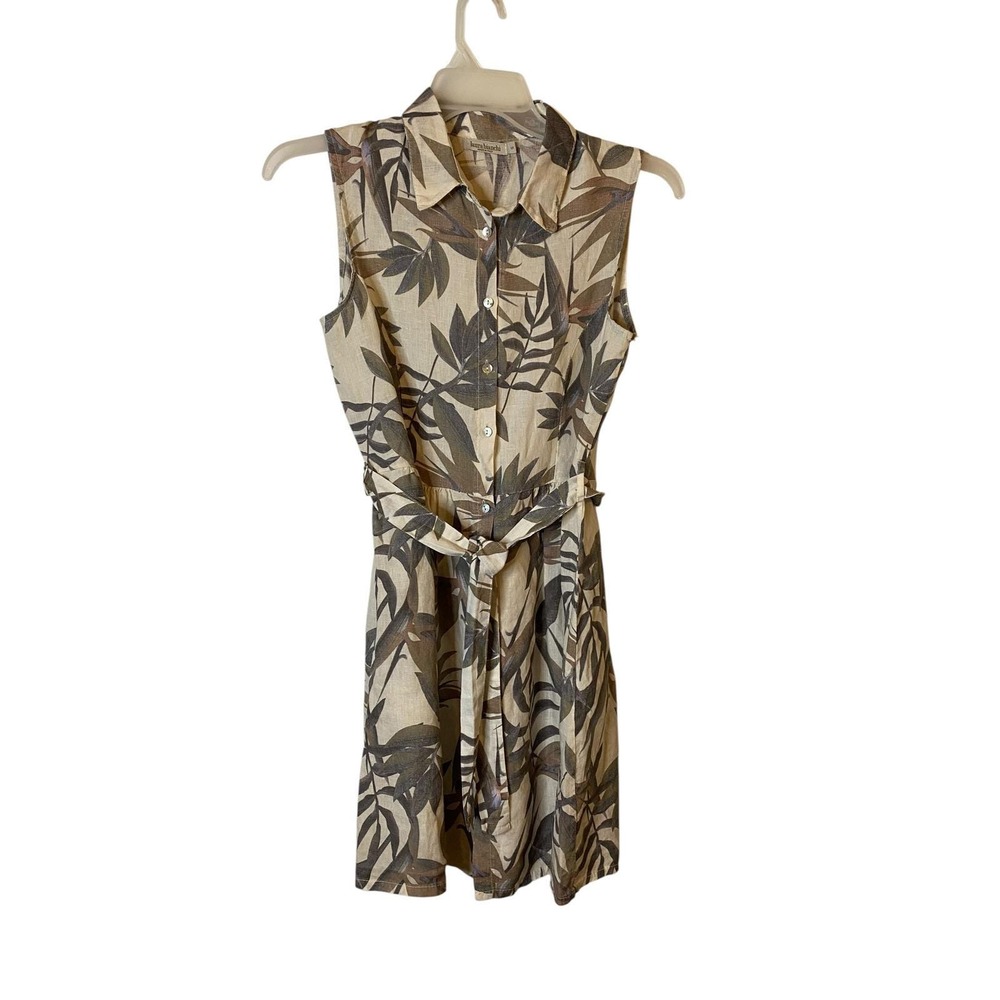Laura Bianchi Italy Womens 100% Linen Sleeveless Dress Brown Leaf Print Small